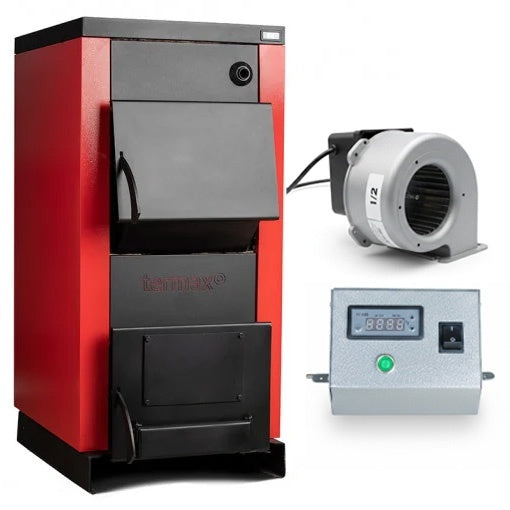 Pachet Centrala/Cazan pe lemn Termax 70 kW, cu ardere standard, volum manta apa 175 litri, cu sistem de automatizare si ventilator pentru tiraj fortat/controlat
