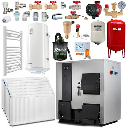 Pachet centrala mixta lemn/pelet Termax Combo 35 kW, volum manta apa 122 litri, trecere automata lemn/pelet, Calorifere, Boiler termoelectric apa calda menajera, Accesorii Montaj