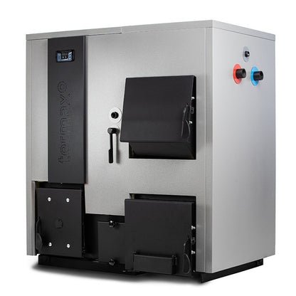 Pachet centrală mixtă lemn/pelet Termax Combo 35 kW, volum manta apă 122 litri, trecere automată lemn/pelet, Grup siguranță, Termostat inteligent KOPH I302, Aspirator cenușă 1000 W, Sursă KOPH 500 W, Ștecher Schuko cu protecție la joasă și înaltă tensiune