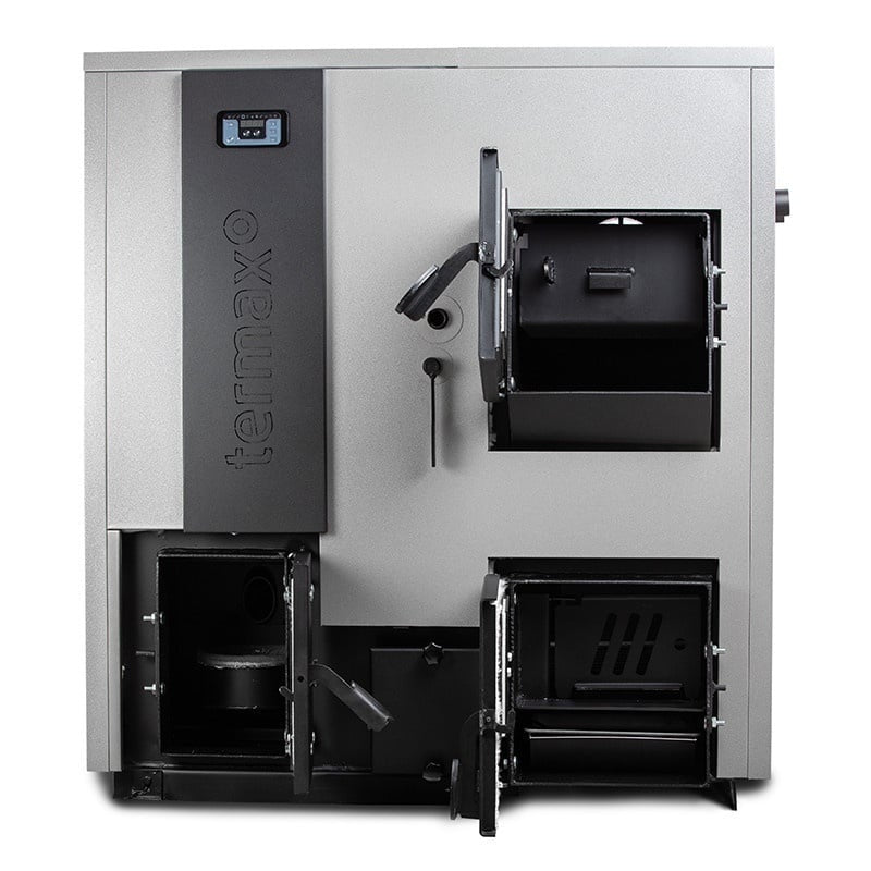 Pachet centrală mixtă lemn/pelet Termax Combo 35 kW, volum manta apă 122 litri, trecere automată lemn/pelet, Grup siguranță, Termostat inteligent KOPH I302, Aspirator cenușă 1000 W, Sursă KOPH 500 W, Ștecher Schuko cu protecție la joasă și înaltă tensiune