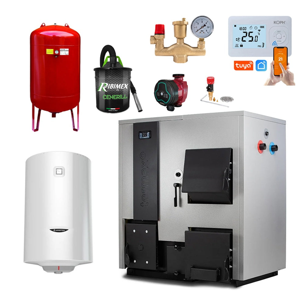 Pachet centrală mixtă lemn/pelet Termax Combo 35 kW, volum manta apă 122 litri, trecere automată lemn/pelet, Vas expansiune, Termostat inteligent KOPH I302, Pompă recirculare, Boiler termoelectric Ariston 100 litri