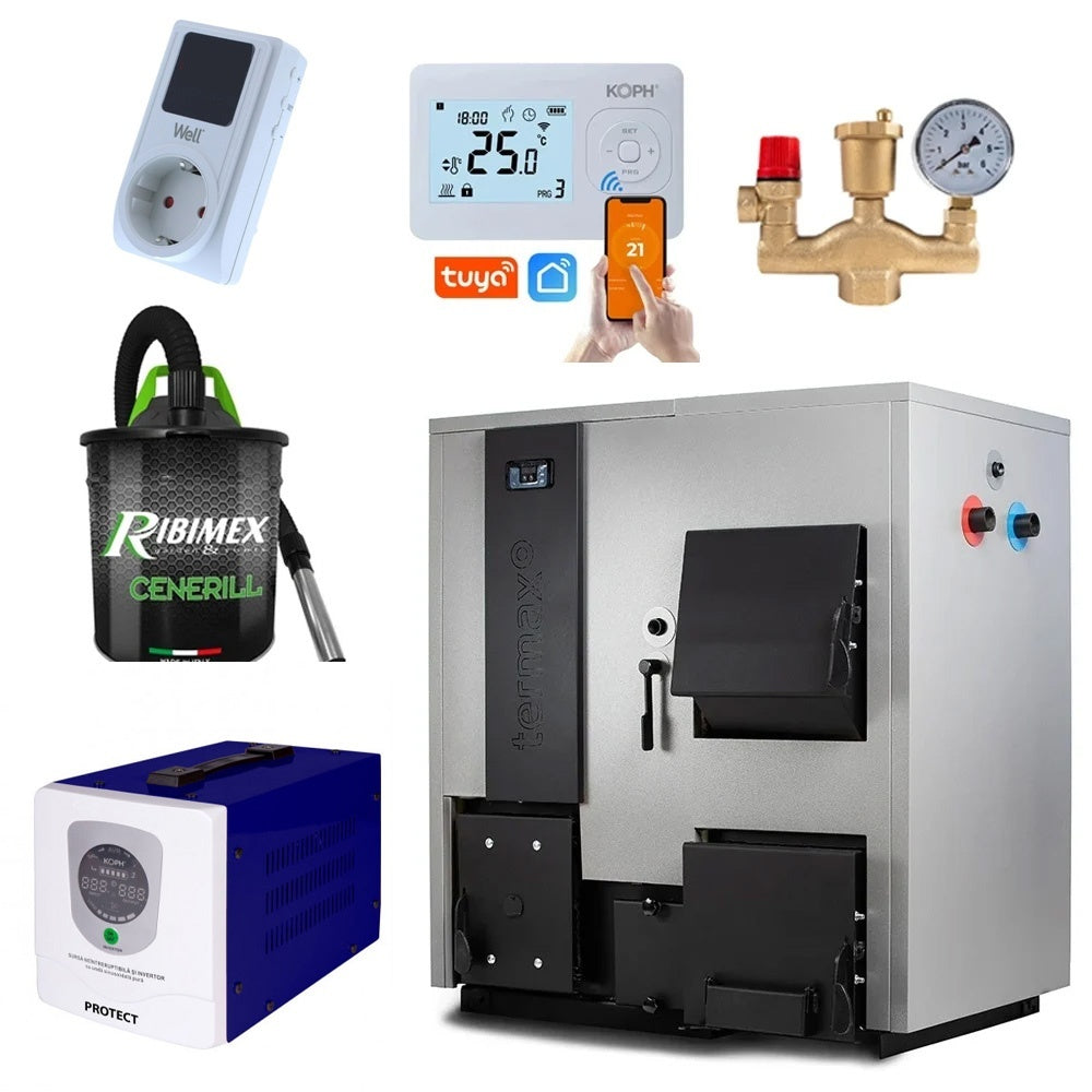 Pachet centrală mixtă lemn/pelet Termax Combo 35 kW, volum manta apă 122 litri, trecere automată lemn/pelet, Grup siguranță, Termostat inteligent KOPH I302, Aspirator cenușă 1000 W, Sursă KOPH 500 W, Ștecher Schuko cu protecție la joasă și înaltă tensiune