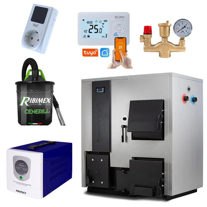 Pachet centrală mixtă lemn/pelet Termax Combo 35 kW, volum manta apă 122 litri, trecere automată lemn/pelet, Grup siguranță, Termostat inteligent KOPH I302, Aspirator cenușă 1000 W, Sursă KOPH 500 W, Ștecher Schuko cu protecție la joasă și înaltă tensiune