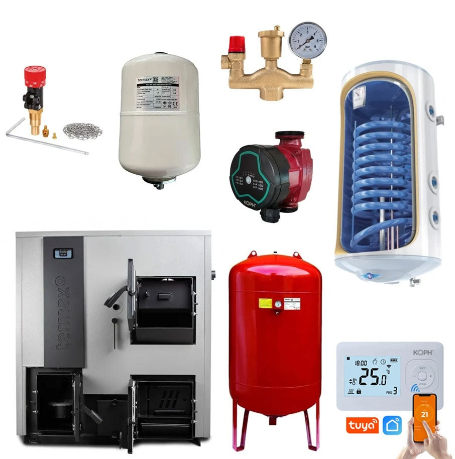 Pachet centrală mixtă lemn/pelet Termax Combo 35 kW, volum manta apă 122 litri, trecere automată lemn/pelet, Vas expansiune 50 litri, Termostat inteligent KOPH, Boiler termoelectric Tesy 120 litri