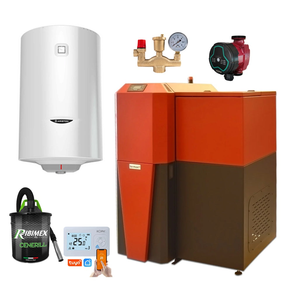 Pachet centrală mixtă lemn/pelet Termax Tera 28 kW, 185 mp, buncăr peleți 95 kg, volum manta apă 75 litri, diametru coș Ø120 mm, Termostat inteligent KOPH I302, Pompă recirculare, Boiler termoelectric Ariston 100 litri, Grup siguranță, Aspirator cenușă