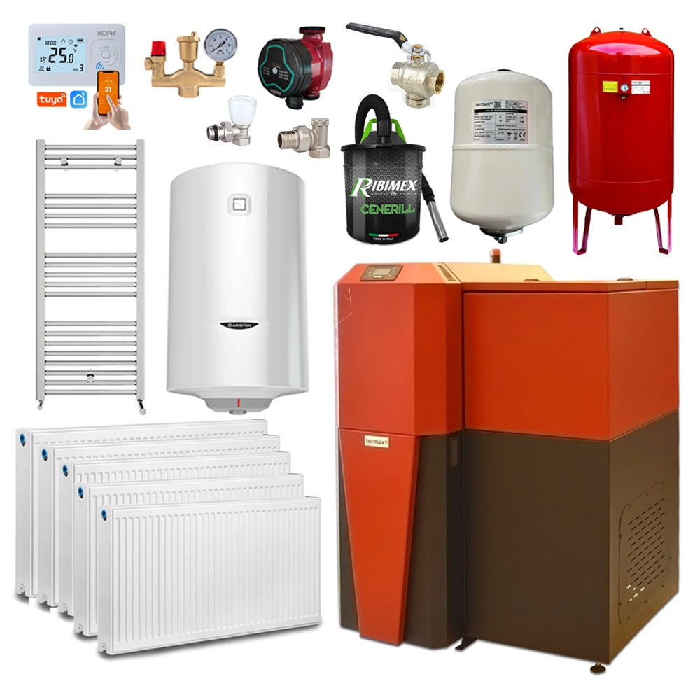 Pachet centrală mixtă lemn/pelet Termax Tera 28 kW, 185 mp, buncăr peleți 95 kg, volum manta apă 75 litri, diametru coș Ø120 mm, Termostat inteligent KOPH I302, Pompă recirculare, Boiler termoelectric 100 litri, Grup siguranță, Calorifere și Robineți