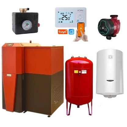 Pachet centrală mixtă lemn/pelet Termax Tera 28 kW, 185 mp, buncăr peleți 95 kg, volum manta apă 75 litri, diametru coș Ø120 mm, Termostat ambiental KOPH i302, Pompă recirculare, Boiler termoelectric 100 litri, Grup siguranță