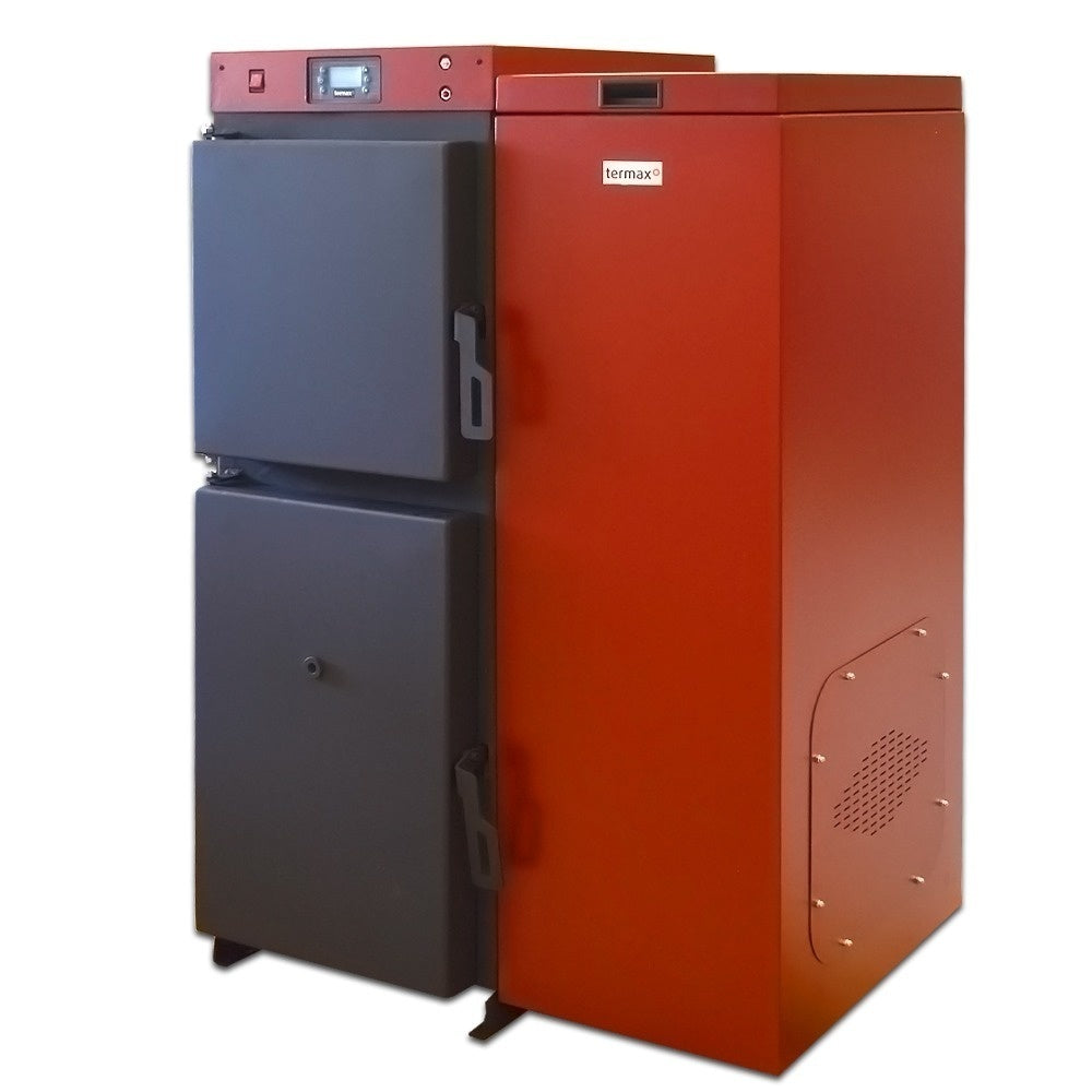 Pachet centrală mixtă lemn/pelet Termax Tera 40 kW, 265 mp, buncăr peleți 120 kg, volum manta apă 100 litri, diametru coș Ø120 mm, Termostat ambiental KOPH WIFI, Pompă recirculare, Boiler termoelectric 100 litri, Grup siguranță