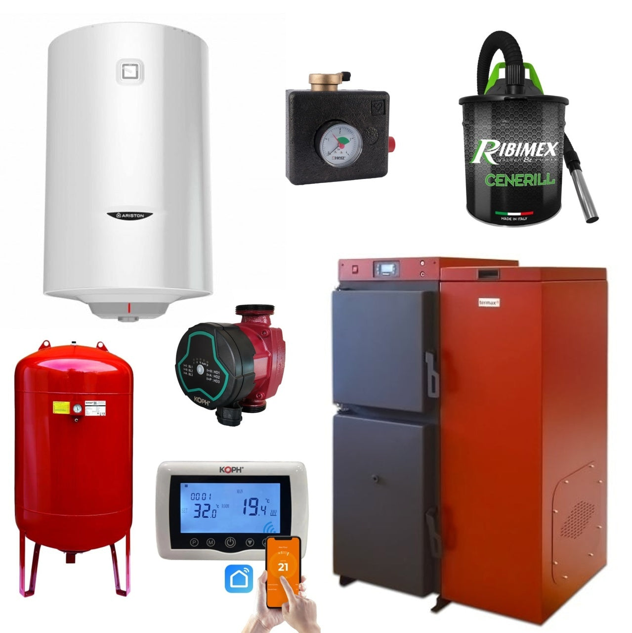 Pachet centrală mixtă lemn/pelet Termax Tera 40 kW, 265 mp, buncăr peleți 120 kg, volum manta apă 100 litri, diametru coș Ø120 mm, Boiler termoelectric 100 litri, Grup siguranță, Pompă recirculare, Vas expansiune, Termostat inteligent KOPH CT99