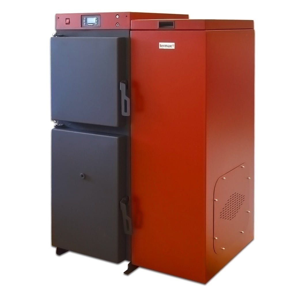 Pachet centrală mixtă lemn/pelet Termax Tera 40 kW, 265 mp, buncăr peleți 120 kg, volum manta apă 100 litri, diametru coș Ø120 mm, Termostat ambiental KOPH CT99, Calorifere, Robineți, Pompă recirculare, Boiler termoelectric 100 litri, Grup siguranță