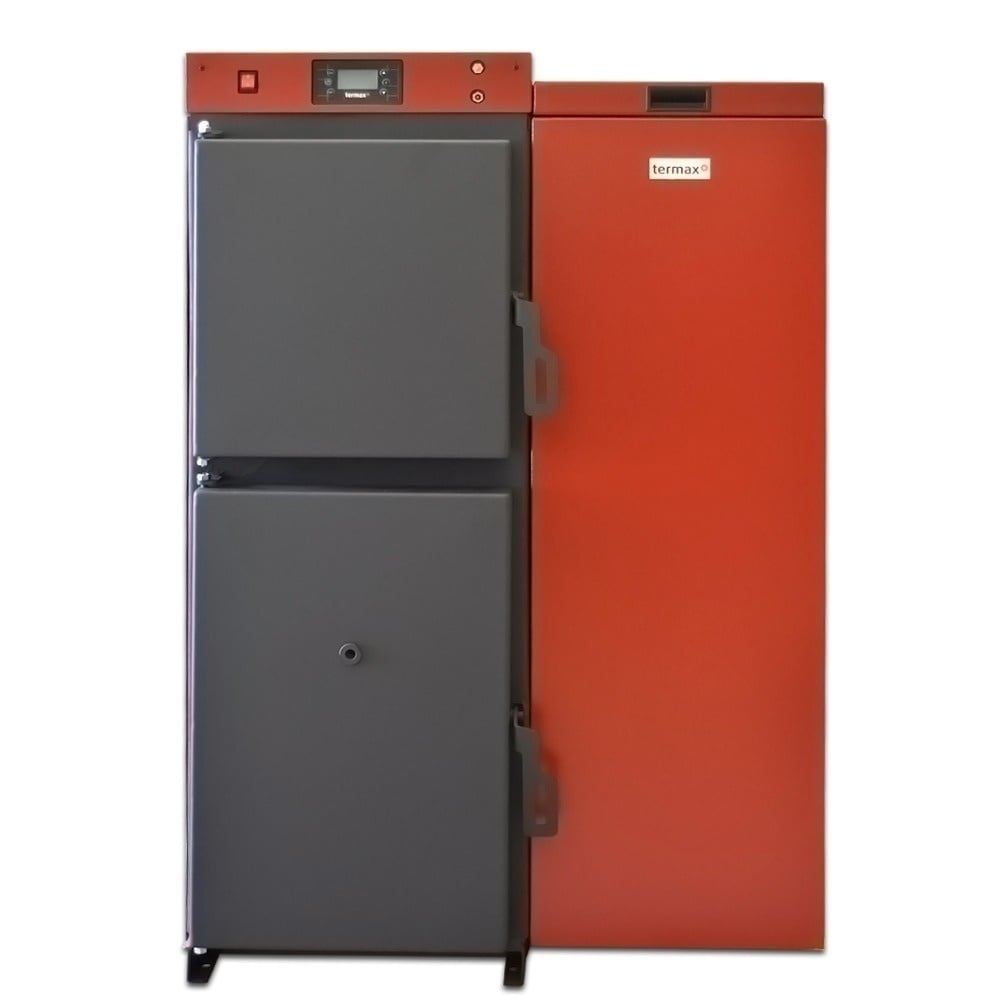 Pachet centrală mixtă lemn/pelet Termax Tera 40 kW, 265 mp, buncăr peleți 120 kg, volum manta apă 100 litri, diametru coș Ø120 mm, Termostat ambiental KOPH CT99, Calorifere, Robineți, Pompă recirculare, Boiler termoelectric 100 litri, Grup siguranță