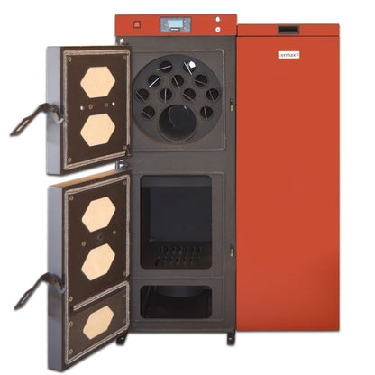 Pachet centrală mixtă lemn/pelet Termax Tera 40 kW, 265 mp, buncăr peleți 120 kg, volum manta apă 100 litri, diametru coș Ø120 mm, Termostat ambiental KOPH CT99, Calorifere, Robineți, Pompă recirculare, Boiler termoelectric 100 litri, Grup siguranță