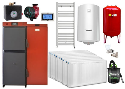 Pachet centrală mixtă lemn/pelet Termax Tera 40 kW, 265 mp, buncăr peleți 120 kg, volum manta apă 100 litri, diametru coș Ø120 mm, Termostat ambiental KOPH CT99, Calorifere, Robineți, Pompă recirculare, Boiler termoelectric 100 litri, Grup siguranță