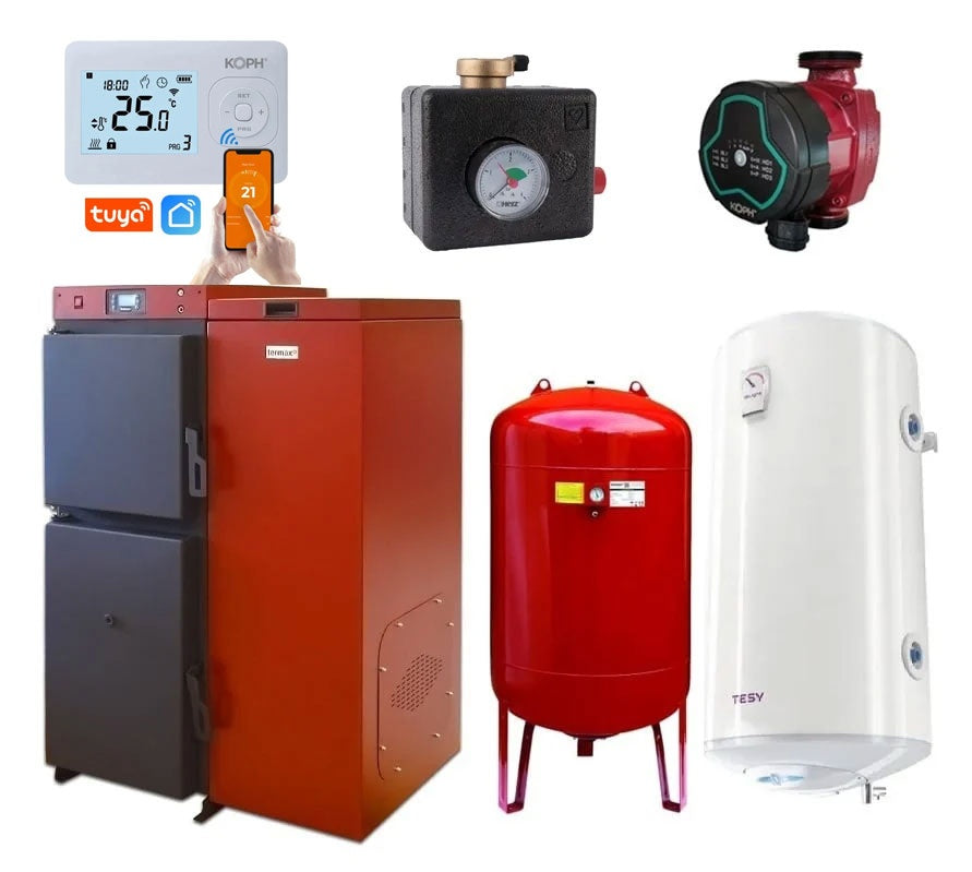 Pachet centrală mixtă lemn/pelet Termax Tera 40 kW, 265 mp, buncăr peleți 120 kg, volum manta apă 100 litri, diametru coș Ø120 mm, Termostat ambiental KOPH WIFI, Pompă recirculare, Boiler termoelectric 100 litri, Grup siguranță