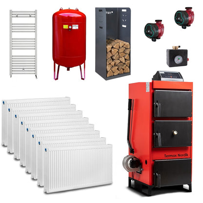 Pachet centrală pe lemn/cărbune Termax Nordik 46 kW echipat cu calorifere și accesorii