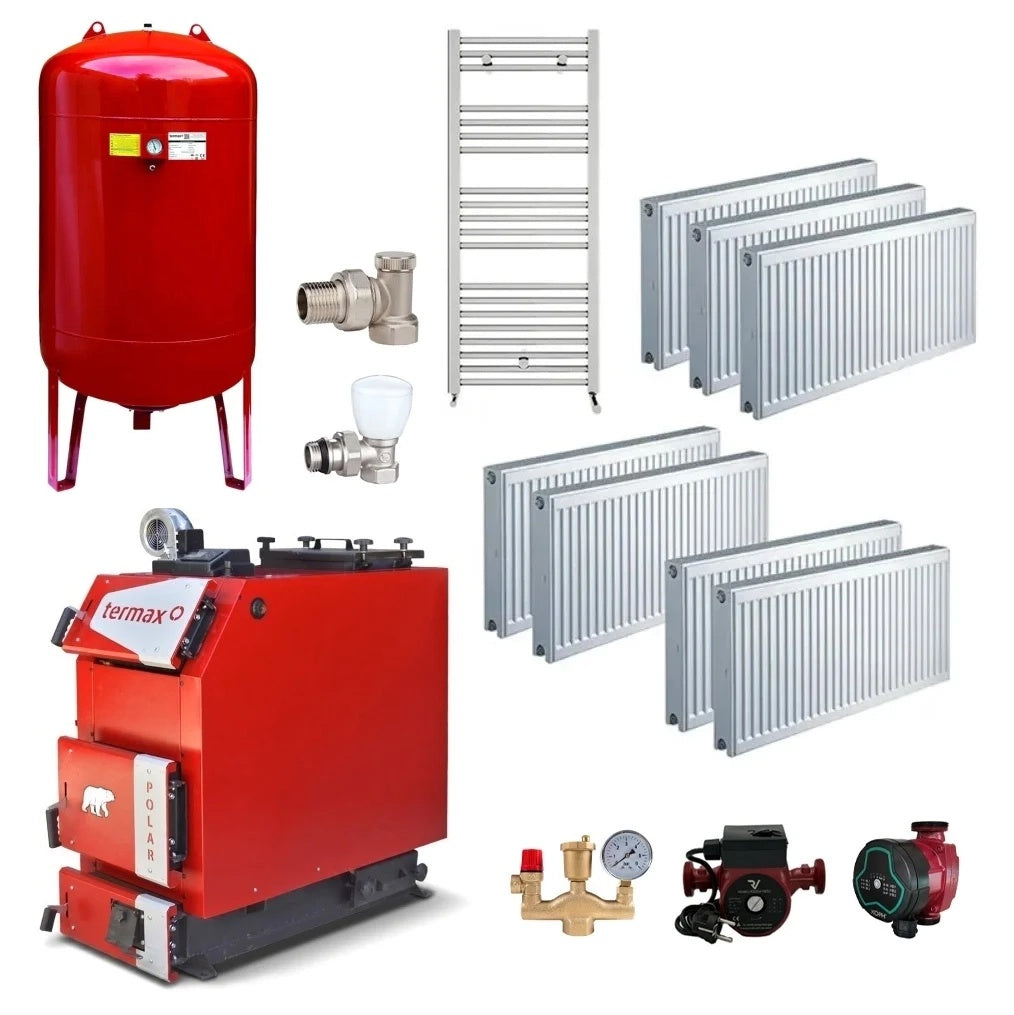 Pachet centrala pe lemn/carbune Termax Polar 30 kW cu ventilator si automatizare, 180 m², Ø cos fum 180 mm, volum manta apa 100 litri, grosime focar 6 mm, randament 86%, Calorifere, Pompe recirculare, Vas expansiune