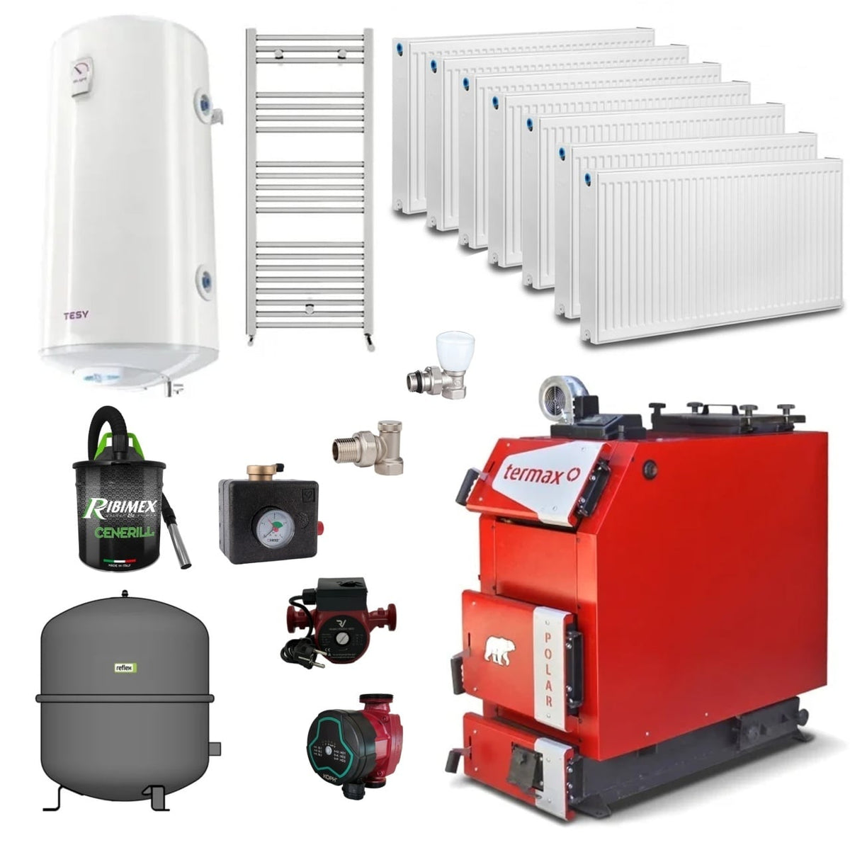 Pachet centrala pe lemn/carbune Termax Polar 40 kW cu ventilator si automatizare, 250 m², Ø cos fum 220 mm, volum manta apa 140 litri, grosime focar 6 mm, randament 86%, Calorifere, Pompe de recirculare, Grup siguranta, Vas expansiune