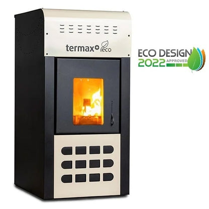 Pachet control inteligent - Termosemineu pe peleti Termax Kamin ECO, 25 kW, 160 mp, buncar peleti 45 kg, volum apa 42 litri, diametru cos fum Ø80 mm, vas expansiune, pompa recirculare incluse, Crem si Termostat inteligent KOPH CT99 fara fir, cu WiFi