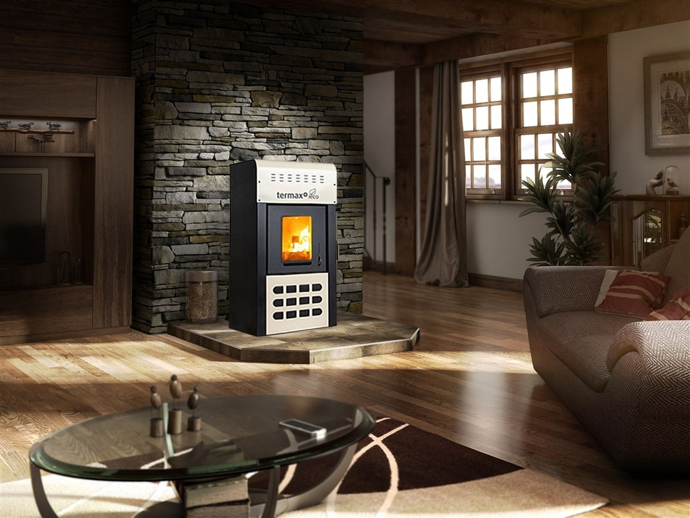 Pachet control inteligent - Termosemineu pe peleti Termax Kamin ECO, 25 kW, 160 mp, buncar peleti 45 kg, volum apa 42 litri, diametru cos fum Ø80 mm, vas expansiune, pompa recirculare incluse, Crem si Termostat inteligent KOPH CT99 fara fir, cu WiFi