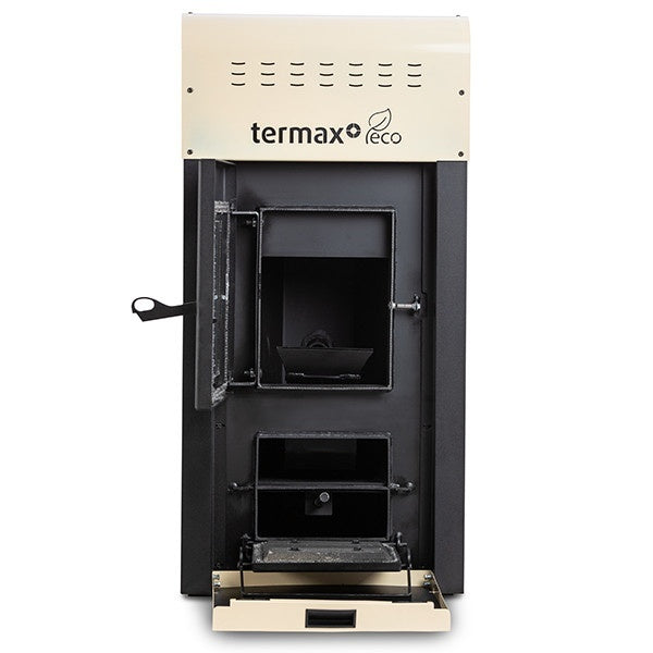 Pachet control inteligent - Termosemineu pe peleti Termax Kamin ECO, 25 kW, 160 mp, buncar peleti 45 kg, volum apa 42 litri, diametru cos fum Ø80 mm, vas expansiune, pompa recirculare incluse, Crem si Termostat inteligent KOPH CT99 fara fir, cu WiFi
