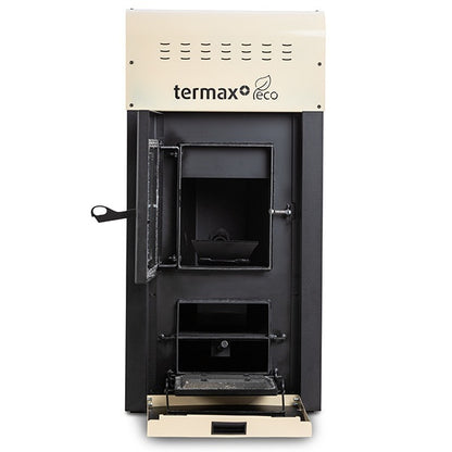 Pachet control inteligent - Termosemineu pe peleti Termax Kamin ECO, 25 kW, 160 mp, buncar peleti 45 kg, volum apa 42 litri, diametru cos fum Ø80 mm, vas expansiune, pompa recirculare incluse, Crem si Termostat inteligent KOPH CT99 fara fir, cu WiFi