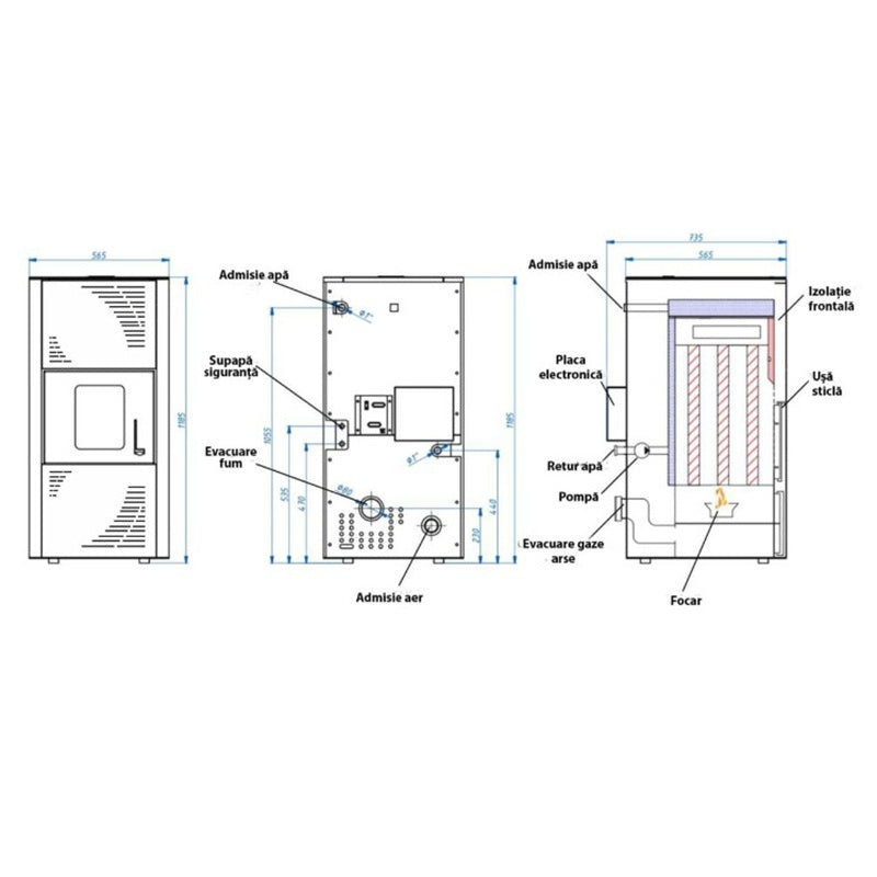 Pachet control inteligent - Termosemineu pe peleti Termax Kamin ECO, 25 kW, 160 mp, buncar peleti 45 kg, volum apa 42 litri, diametru cos fum Ø80 mm, vas expansiune, pompa recirculare incluse, Crem si Termostat inteligent KOPH CT99 fara fir, cu WiFi