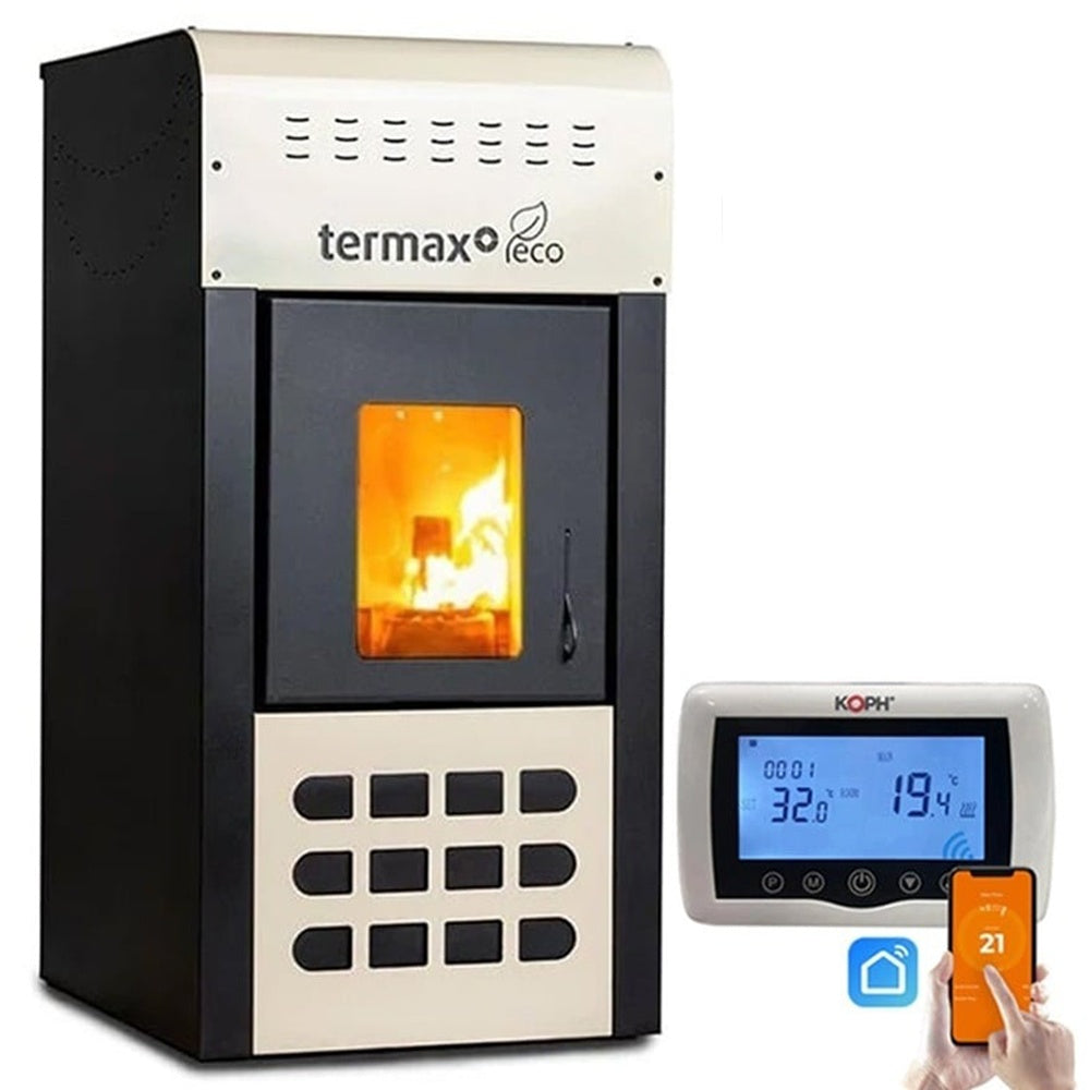 Pachet control inteligent - Termosemineu pe peleti Termax Kamin ECO, 25 kW, 160 mp, buncar peleti 45 kg, volum apa 42 litri, diametru cos fum Ø80 mm, vas expansiune, pompa recirculare incluse, Crem si Termostat inteligent KOPH CT99 fara fir, cu WiFi