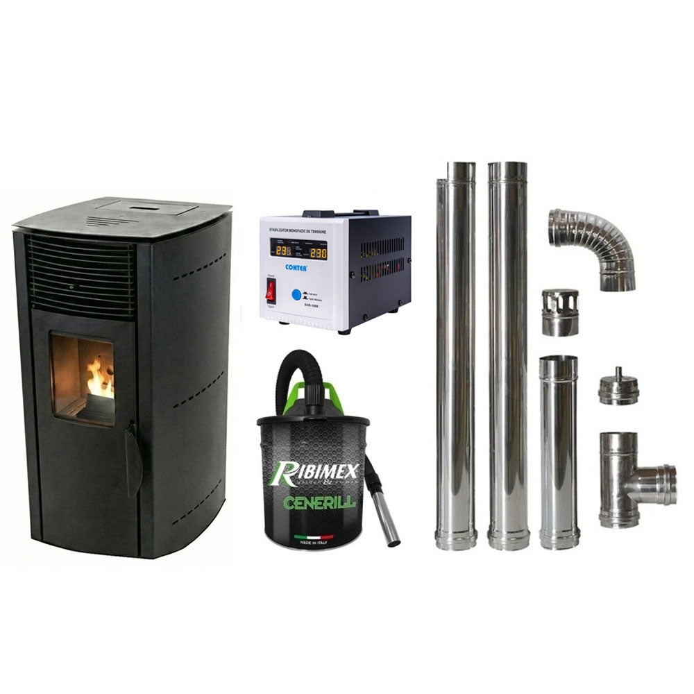 Soba pe peleti KOPH PD 10 kW, 60 mp, Negru, cu Kit Complet: Stabilizator tensiune, Aspirator cenusa 1000W si Cos fum inox Ø80 mm