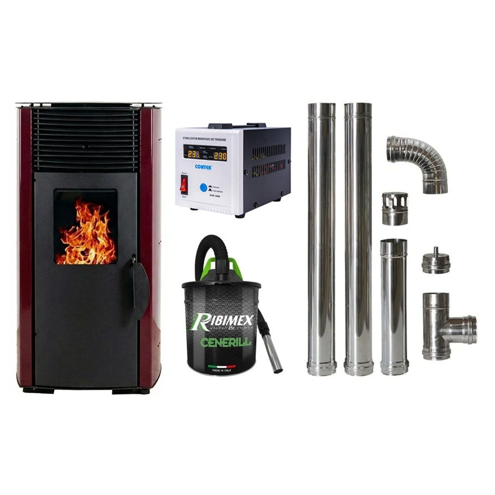 Soba pe peleti KOPH PD 10 kW, 60 mp, Bordo - Pachet Complet cu Stabilizator, Aspirator cenusa si Kit cos fum inox