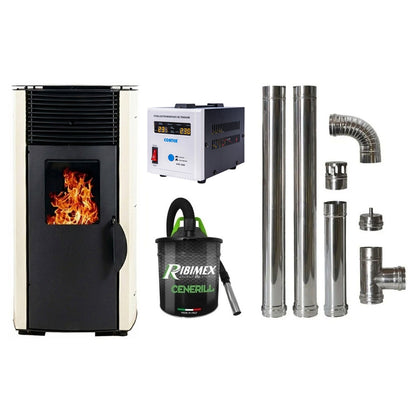Soba pe peleti KOPH PD 10 kW, 60 mp, Alb, cu Kit Complet: Stabilizator Tensiune, Aspirator Cenusa 1000W si Cos de Fum Inox 80mm