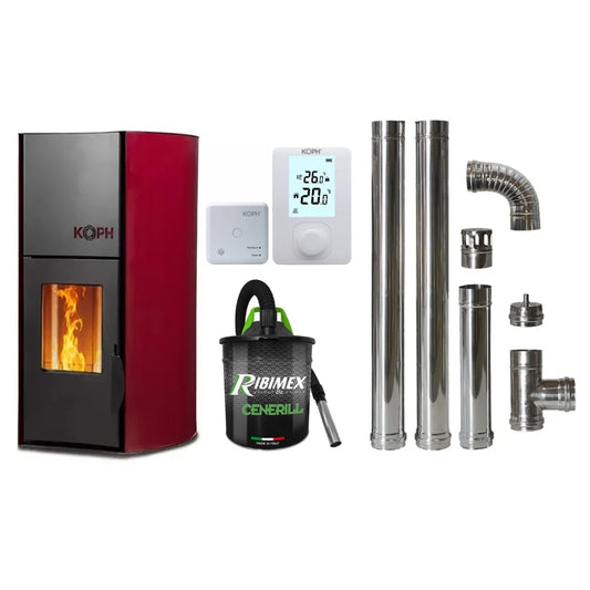 KOPH PM 25 kW Pellet Fireplace Bundle: 160m² Heating, 25kg Hopper, Includes 303RF Thermostat, Ash Vacuum, and Stainless Steel Flue Kit