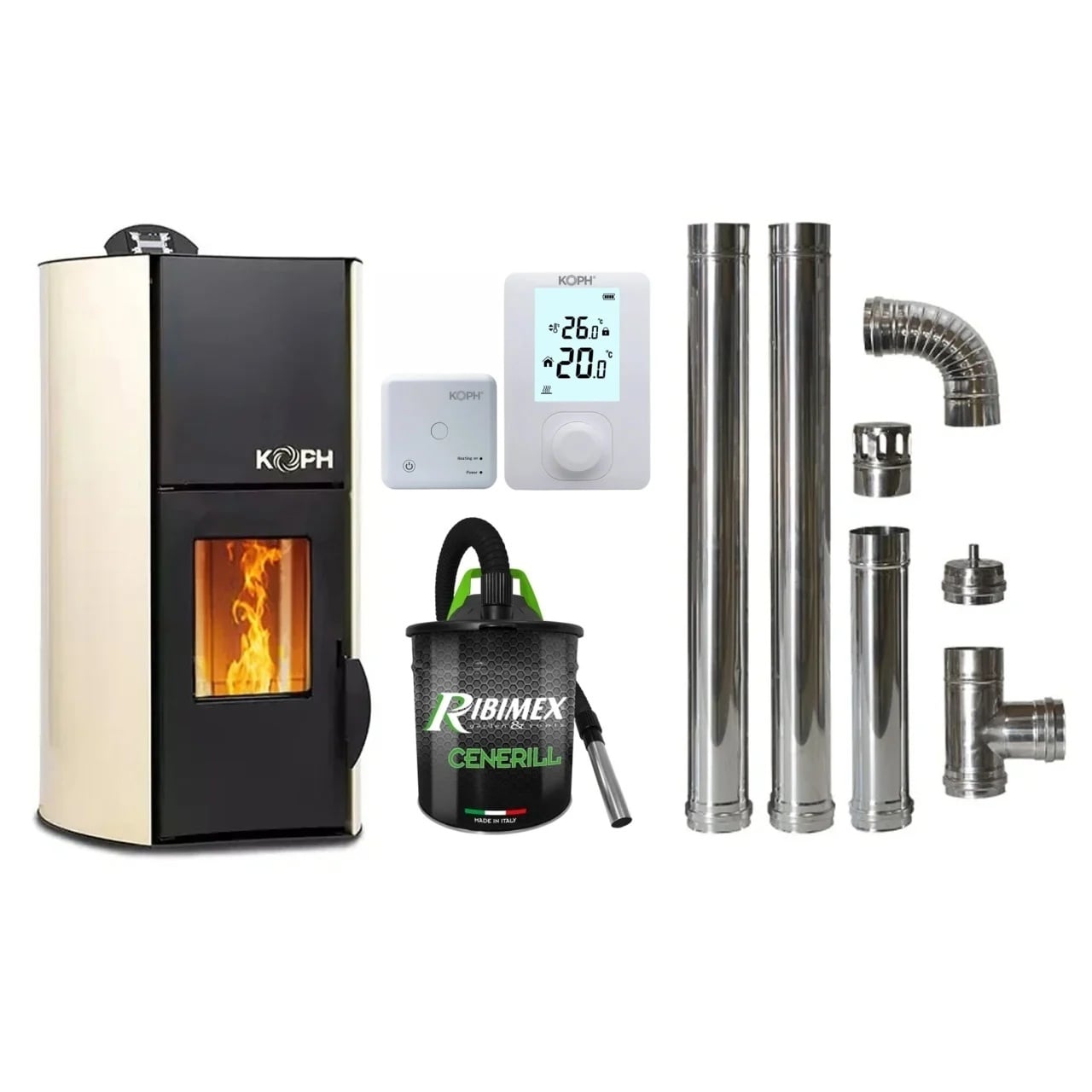 Termosemineu pe peleti KOPH PM 30 kW, 200 mp, Kit Complet: Termostat, Aspirator cenusa si Cos fum inox