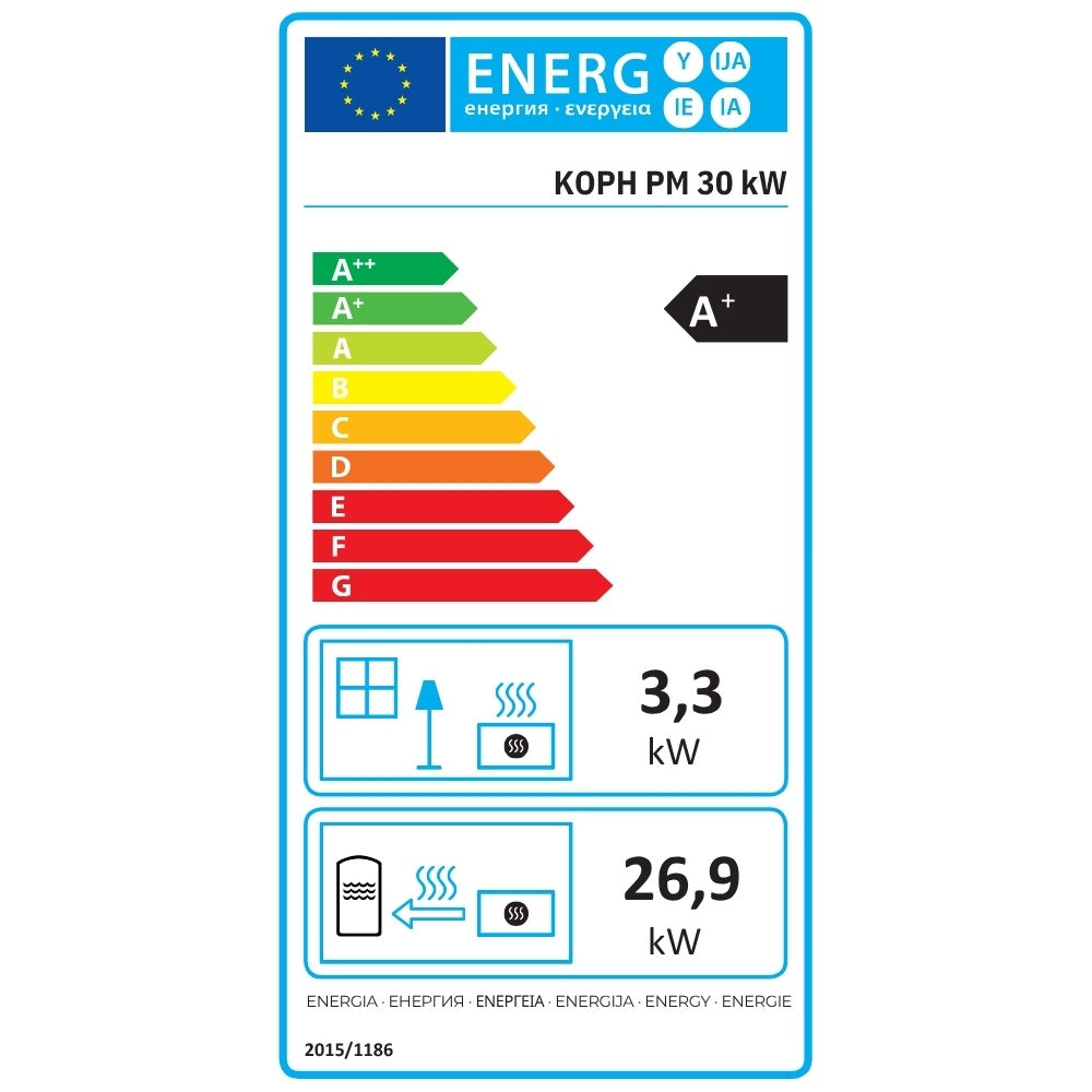 Pachet economic - Termosemineu cu peleti KOPH PM 30 kW, 200 mp, buncar peleti 30 kg, diametru cos fum 80 mm, pompa recirculare si vas expansiune incorporate, Bordo + Termostat KOPH 303RF + Aspirator cenusa 1000W + Cos fum inox de interior 80 mm