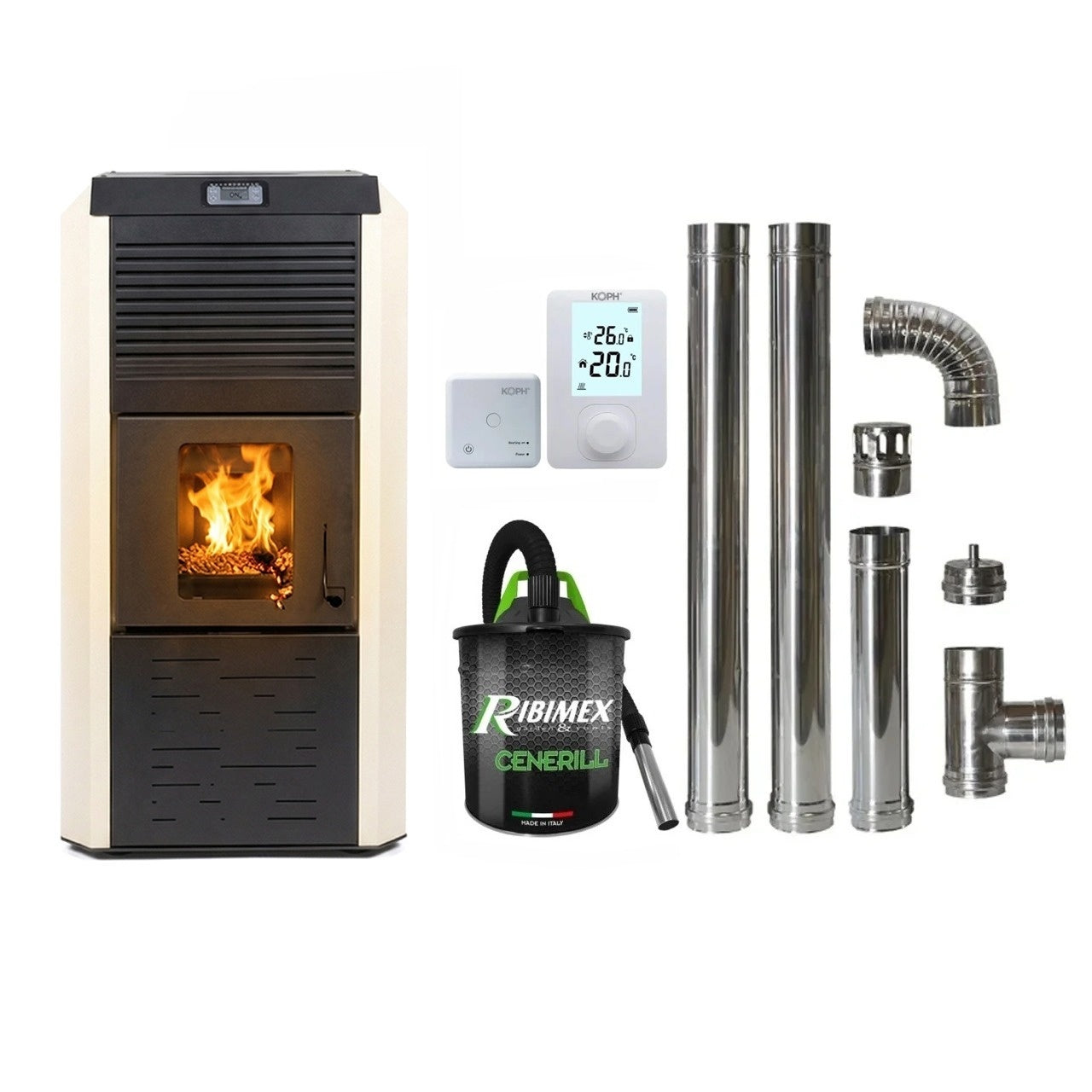 Termosemineu pe peleti Termax Kamin ECO 30kW, 220mp, Kit Complet cu Termostat, Aspirator Cenusa si Cos Inox