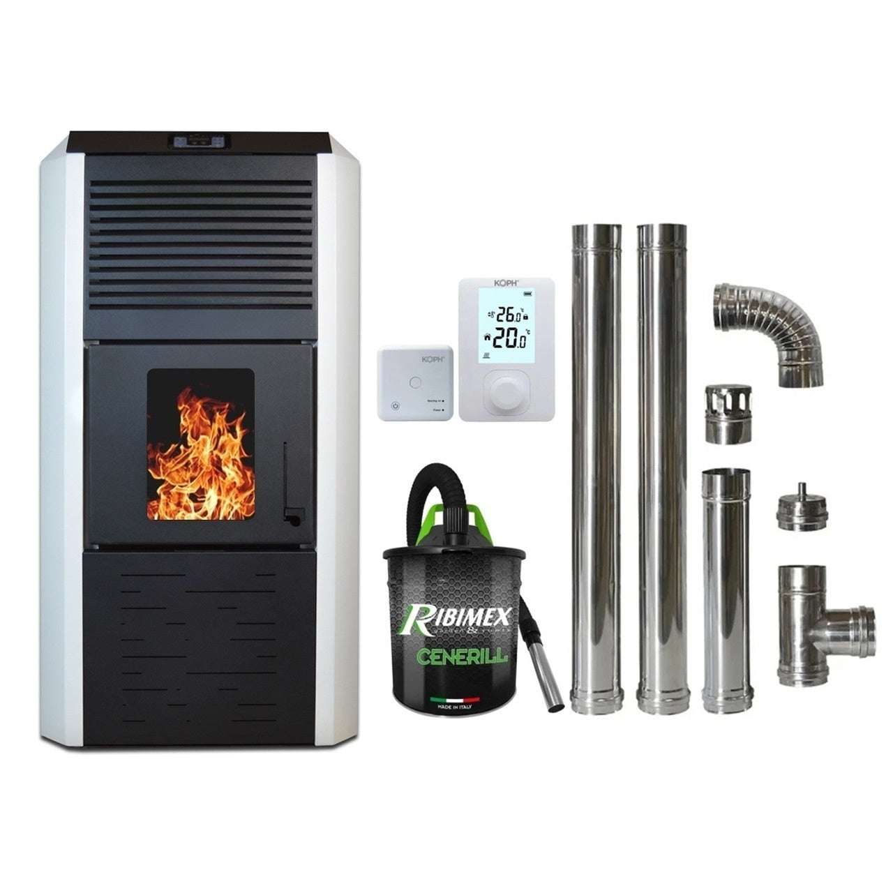 Termosemineu pe peleti Termax Kamin ECO 30kW, 220mp, Kit Complet cu Termostat, Aspirator Cenusa si Cos de Fum Inox, Alb