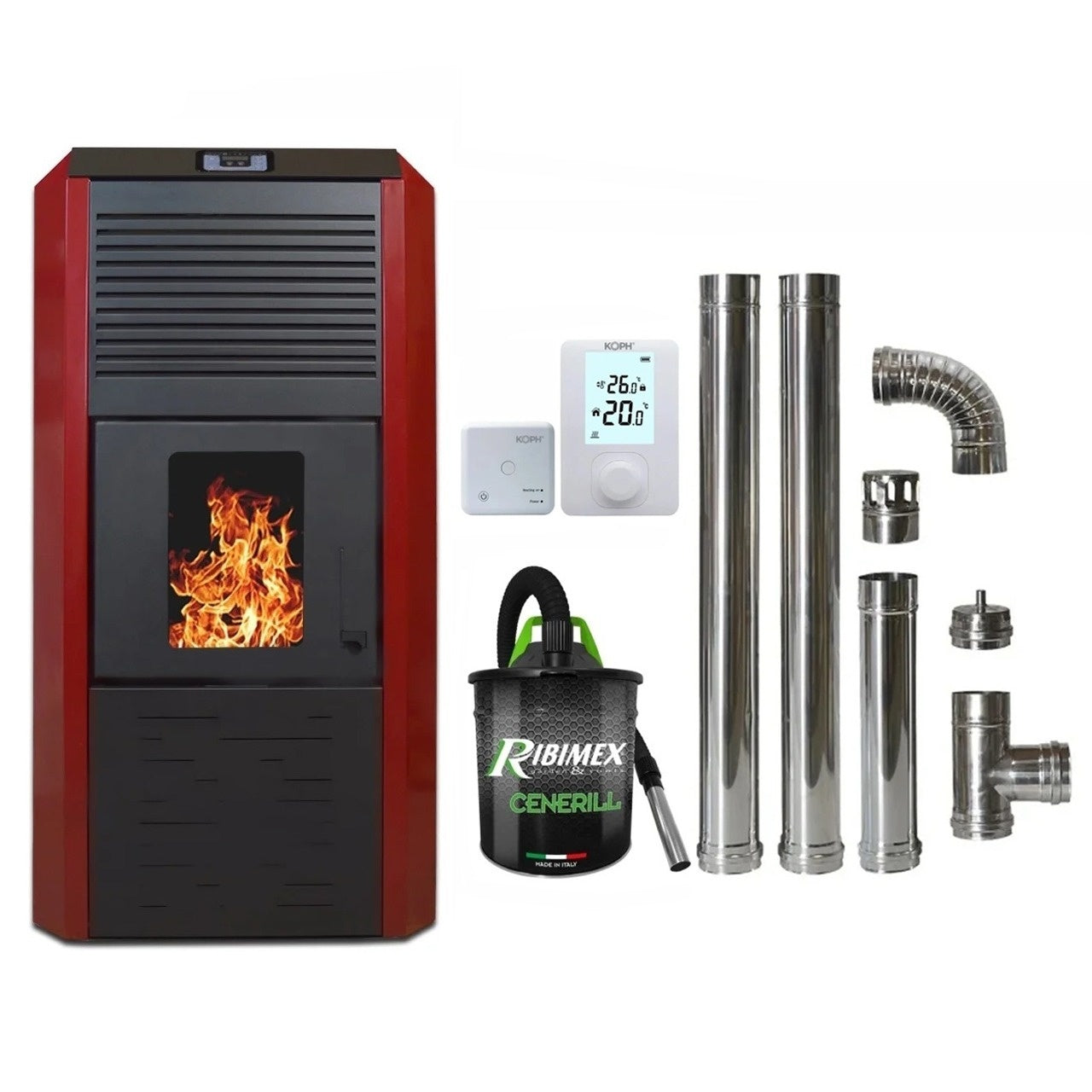Termosemineu peleti Termax Kamin ECO 30kW, 220mp, Kit Complet: Termostat, Aspirator Cenusa si Cos Inox, Bordo