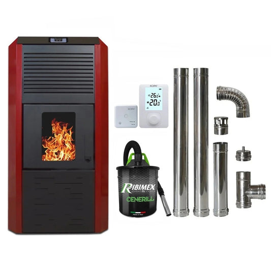 Termosemineu peleti Termax Kamin ECO 30kW, 220mp, Kit Complet: Termostat, Aspirator Cenusa si Cos Inox, Bordo