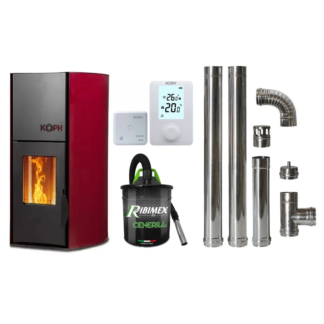 Pachet Complet Termosemineu pe Peleti KOPH PM 12 kW (80 mp) cu Accesorii: Termostat, Aspirator Cenusa si Kit Cos de Fum Inox
