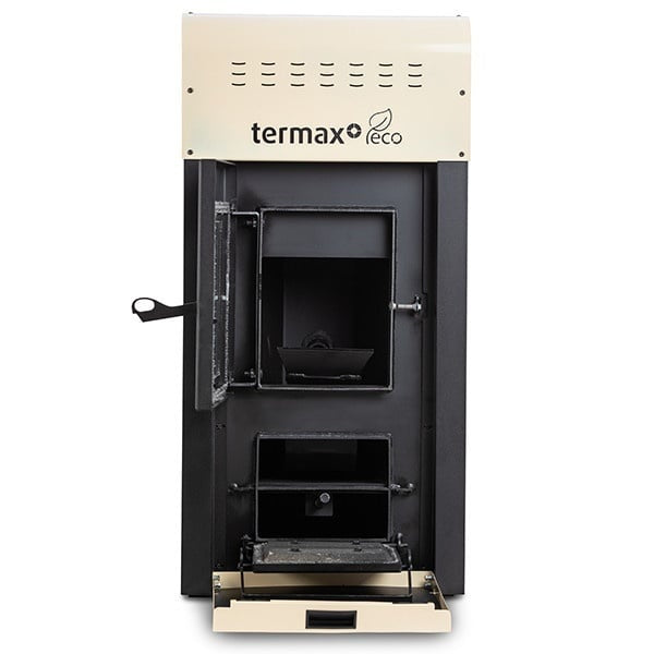 Pachet economic - Termosemineu pe peleti Termax Kamin ECO, 25 kW, 160 mp, buncar peleti 45 kg, diametru cos fum Ø80 mm, vas expansiune si pompa recirculare incluse, Crem + Termostat KOPH 303RF + Aspirator cenusa 1000W + Cos fum inox de interior Ø80 mm