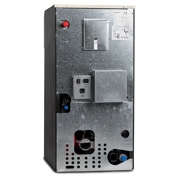 Pachet economic - Termosemineu pe peleti Termax Kamin ECO, 25 kW, 160 mp, buncar peleti 45 kg, diametru cos fum Ø80 mm, vas expansiune si pompa recirculare incluse, Crem + Termostat KOPH 303RF + Aspirator cenusa 1000W + Cos fum inox de interior Ø80 mm