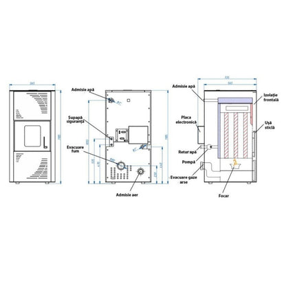 Pachet economic - Termosemineu pe peleti Termax Kamin ECO, 25 kW, 160 mp, buncar peleti 45 kg, diametru cos fum Ø80 mm, vas expansiune si pompa recirculare incluse, Crem + Termostat KOPH 303RF + Aspirator cenusa 1000W + Cos fum inox de interior Ø80 mm