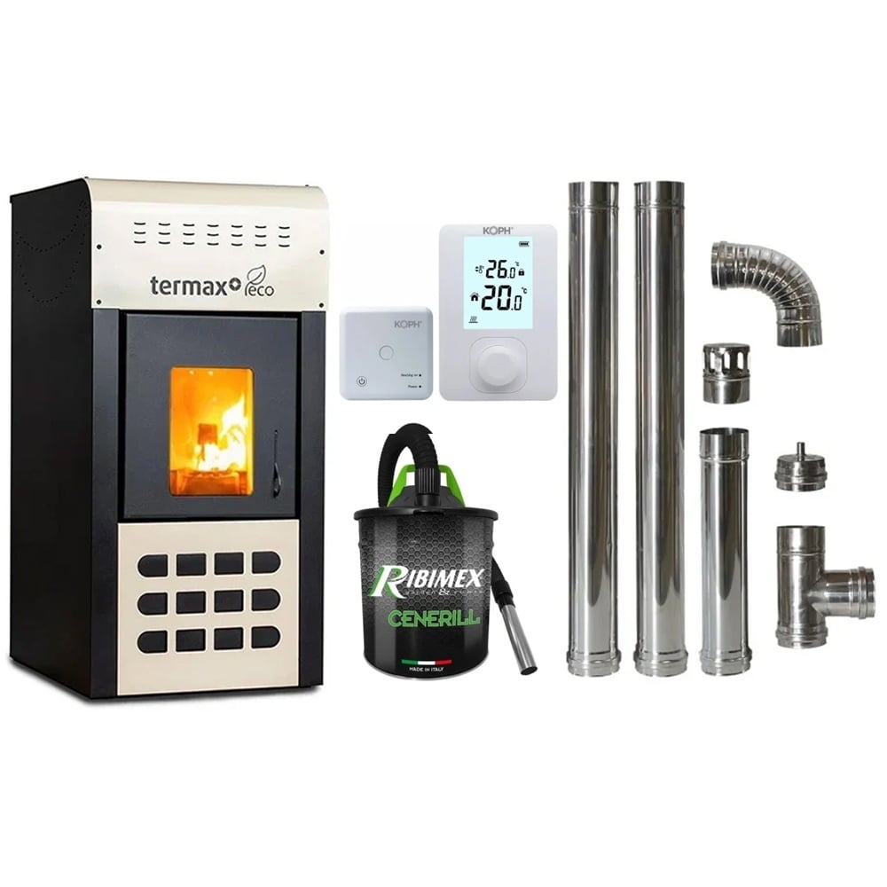 Pachet economic - Termosemineu pe peleti Termax Kamin ECO, 25 kW, 160 mp, buncar peleti 45 kg, diametru cos fum Ø80 mm, vas expansiune si pompa recirculare incluse, Crem + Termostat KOPH 303RF + Aspirator cenusa 1000W + Cos fum inox de interior Ø80 mm
