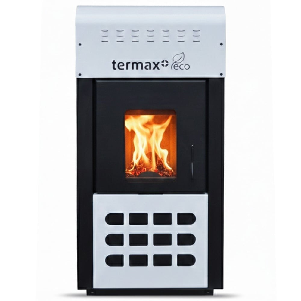Termosemineu pe peleti Termax Kamin ECO 25kW, 160mp, Alb, cu Kit Complet: Termostat KOPH 303RF, Aspirator Cenusa 1000W si Cos Fum Inox 80mm