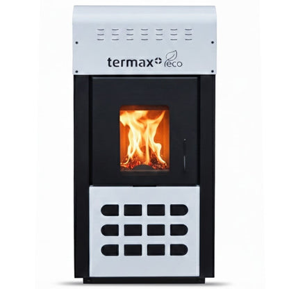 Termosemineu pe peleti Termax Kamin ECO 25kW, 160mp, Alb, cu Kit Complet: Termostat KOPH 303RF, Aspirator Cenusa 1000W si Cos Fum Inox 80mm