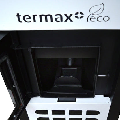 Termosemineu pe peleti Termax Kamin ECO 25kW, 160mp, Alb, cu Kit Complet: Termostat KOPH 303RF, Aspirator Cenusa 1000W si Cos Fum Inox 80mm