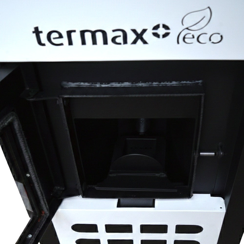 Termosemineu pe peleti Termax Kamin ECO 25kW, 160mp, Alb, cu Kit Complet: Termostat KOPH 303RF, Aspirator Cenusa 1000W si Cos Fum Inox 80mm