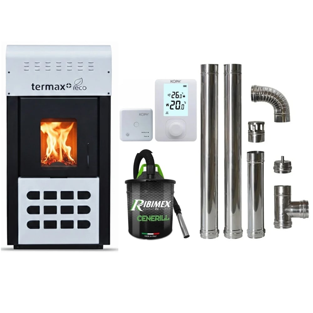 Termosemineu pe peleti Termax Kamin ECO 25kW, 160mp, Alb, cu Kit Complet: Termostat KOPH 303RF, Aspirator Cenusa 1000W si Cos Fum Inox 80mm
