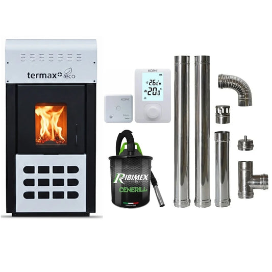 Termosemineu pe peleti Termax Kamin ECO 25kW, 160mp, Alb, cu Kit Complet: Termostat KOPH 303RF, Aspirator Cenusa 1000W si Cos Fum Inox 80mm
