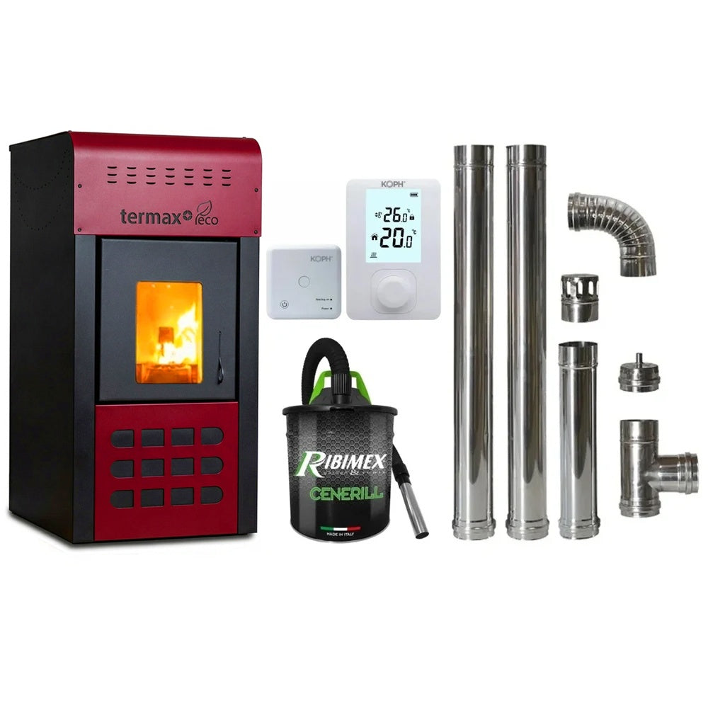 Pachet economic - Termosemineu pe peleti Termax Kamin ECO, 25 kW, 160 mp, buncar peleti 45 kg, diametru cos fum 80 mm, vas expansiune si pompa recirculare incluse+ Termostat KOPH 303RF + Aspirator cenusa 1000W + Cos fum inox de interior 80 mm