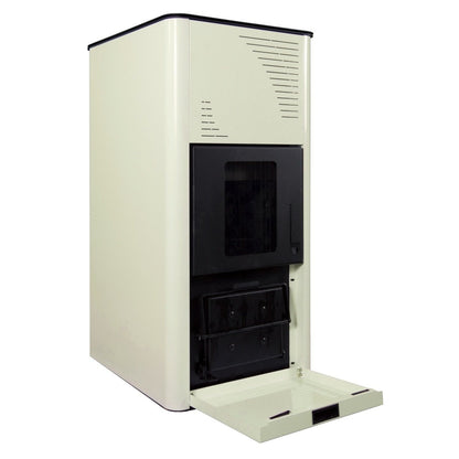 Pachet economic - Termosemineu pe peleti Termax Kamin PM 15 kW, 120 mp, buncar peleti 30 kg, diametru cos fum Ø80 mm, vas expansiune si pompa recirculare incluse, Ivory + Termostat KOPH 303RF + Aspirator cenusa 1000W + Cos fum inox de interior Ø80 mm